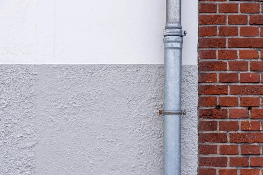 Downpipe on a brick wall in Croydon of the type that blocks with leaf debris