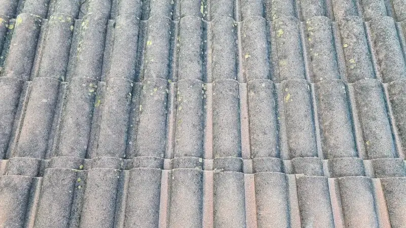 Faded and eroded concrete interlocking roof tiles on a house roof