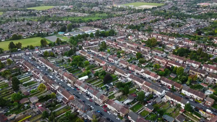 Aerial view of Croydon suburban roofs covered in tiles