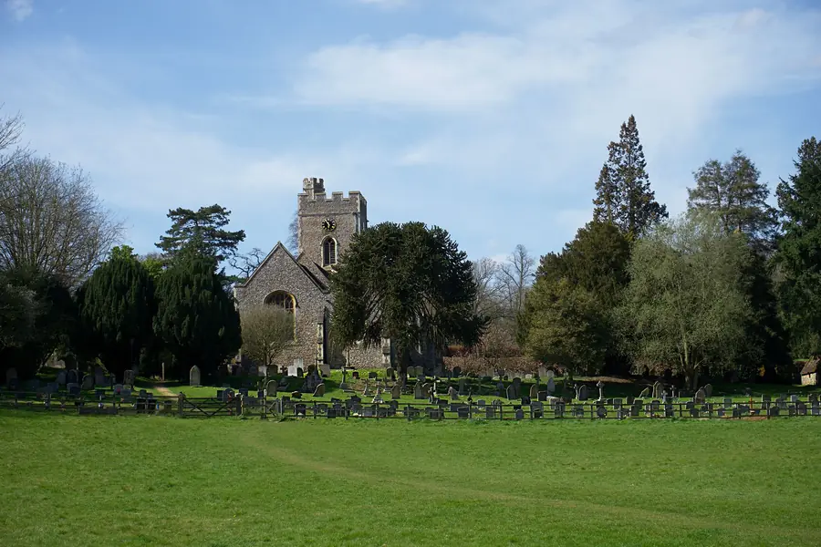 Old stone parish church with a square tower set beyond a mown green and tall trees in an English village