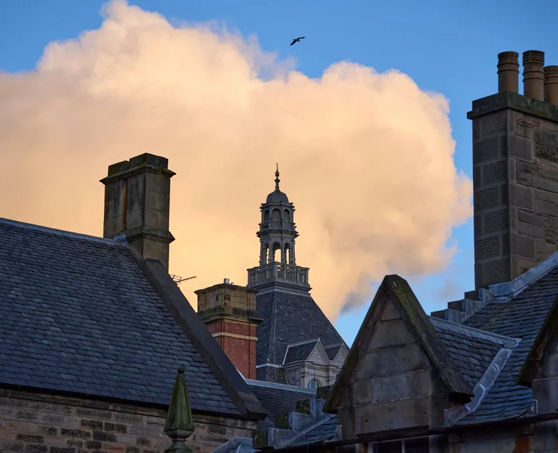 Victorian slate roofs, dormers and chimney stacks seen against the sky