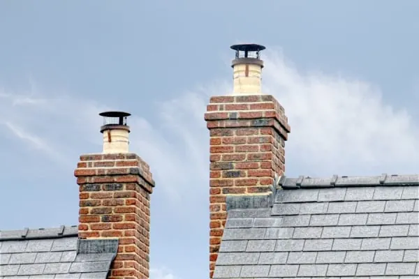 Brick chimney stack with pots on a slate roof in Croydon