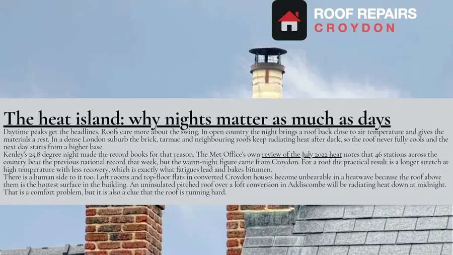Croydon rooftops under strong summer sun, the conditions that expand and contract a roof covering all day